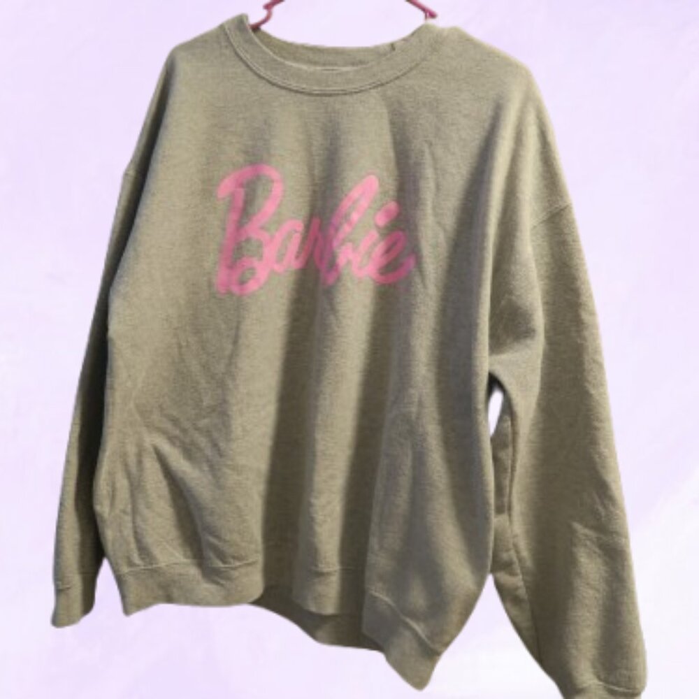 Barbie pullover sweater cursive barbie in gray and pink size XL extra large.